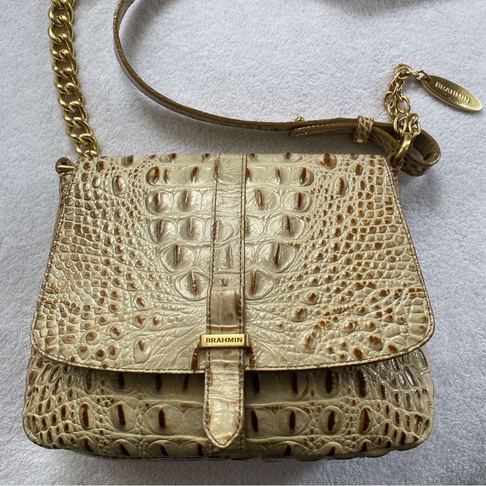 Brahmin champagne Melbourne ivory gold chain crossbody croc bag purse